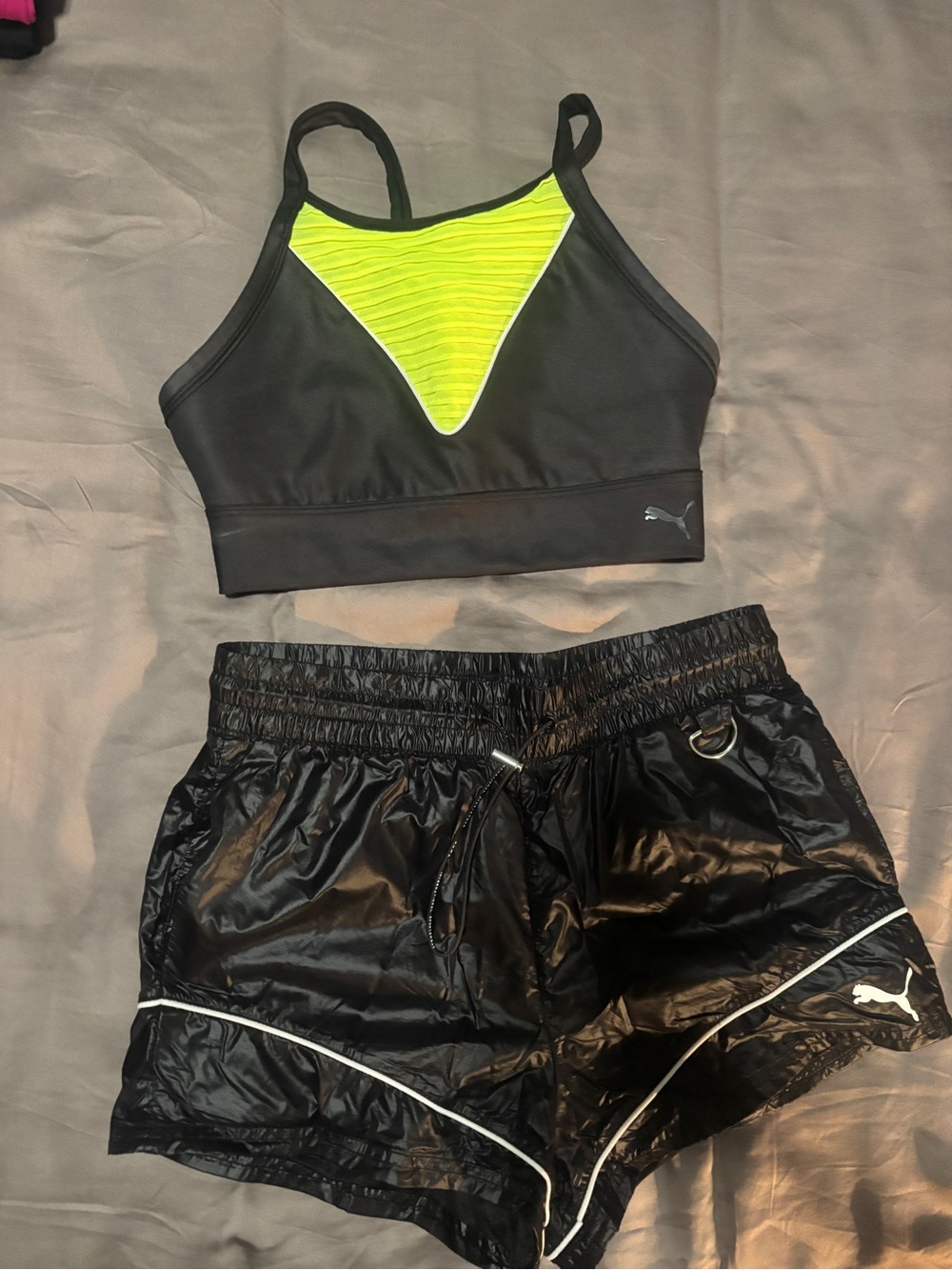 Puma Black Sports Bra with Neon Yellow Accent and Shorts